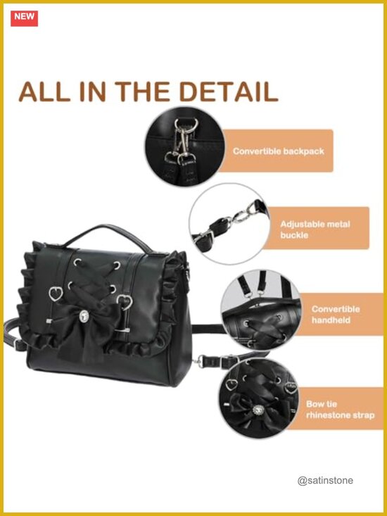 3-Way Convertible Gothic Lolita Backpack - PU Leather Satchel Crossbody Bag main image 4